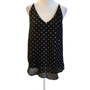 LOFT Black Gold Polka Dot Blouse Size S V-Neck Spaghetti Straps Lined Flowy Fun